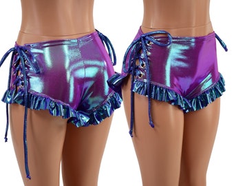Plumeria Siren Shorts with Moonstone Ruffled Legs and Laceups at both hips.  Ties in Moonstone