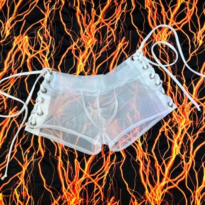 Mens See Through UNLINED Lowrise Aruba Shorts with Lace Up Hips created in Sheer White OR Black Mesh with spandex ties 1579131