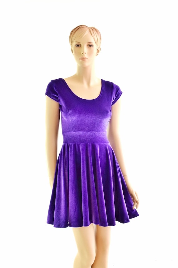 Purple Stretch Velvet Cap Sleeve Skater Dress Fit & Flare