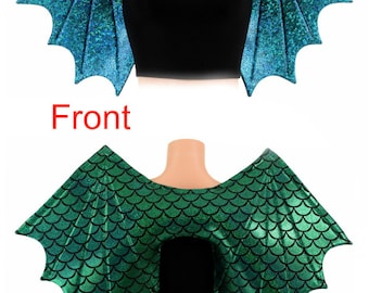 Two Tone Green Dragon Scale/Turquoise on Black Shattered Glass Wireless Dragon Wings Sparkly Holographic Shiny (Wings Only) -