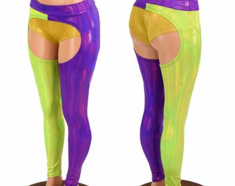 Two Tone Chaps in Wearer's RIGHT Leg Lime Holographic & Wearer's LEFT Leg Grape Holographic w/Grape Holographic Mid Rise Waistband - 155074