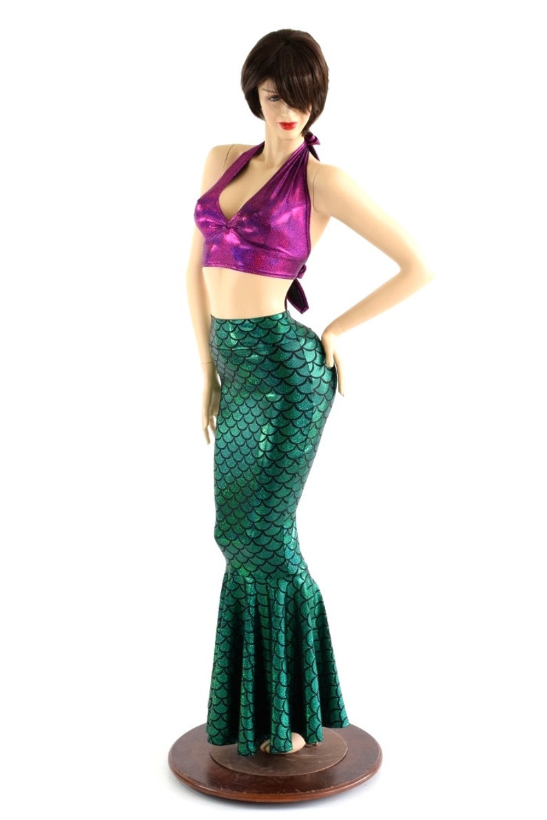 2PC Mermaid Skirt & Tie Back Halter Set in Emerald Green and Fuchsia Sparkly Jewel Ariel Little Mermaid Costume 152881 image 4