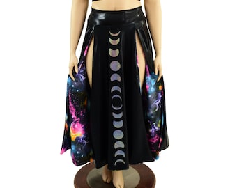 Double Split Skirt with Moon Phases in Black Mystique.  Lining in Galaxy and Moon Applique in Silver Vinyl 1579277