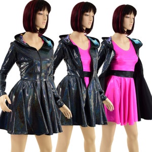 Black Holographic Long Sleeve Hooded Skater Dress with Galaxy Hood Lining and Full Separating Front Zipper (Black dress only) 157538