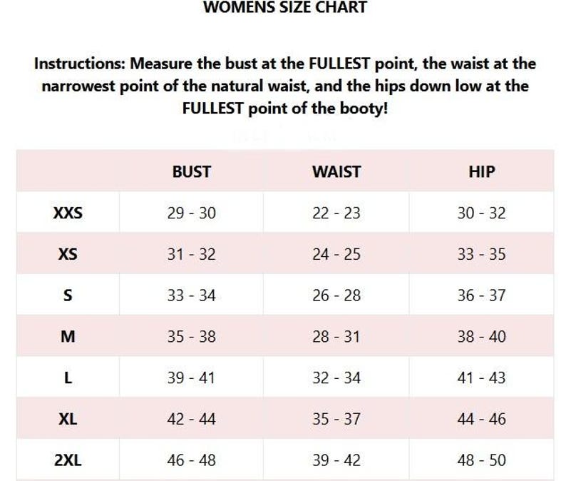 May include: A size chart for women's clothing with measurements in inches for bust, waist, and hip. The chart includes sizes XXS, XS, S, M, L, XL, and 2XL.