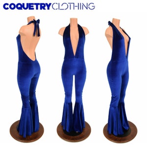 Sapphire Velvet &quot;Josie&quot; Halter Catsuit with Bell Bottom Flares  - 156043