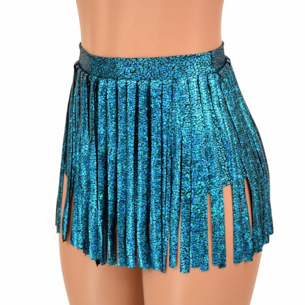 High Waist "Siren" 12" Gladiator Hot Pants Shorts in Turquoise on Black Shattered Glass Holographic Shiny Spandex Festival Clubwear - 156188