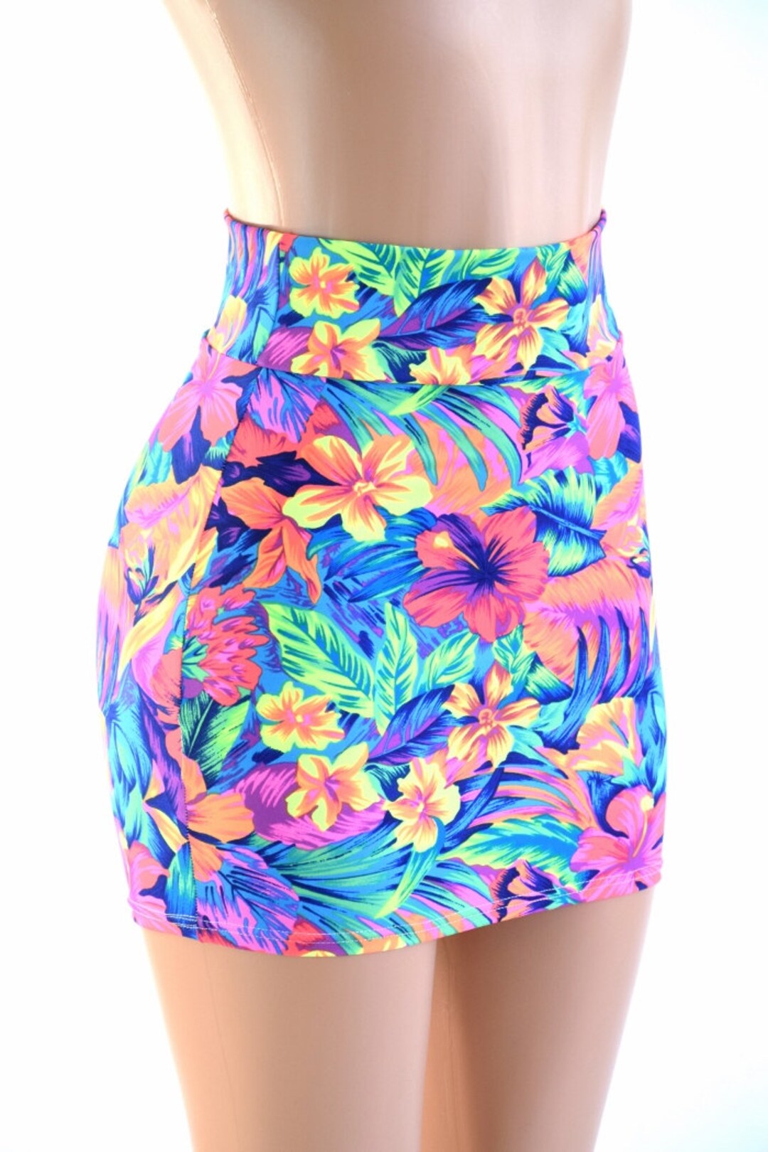 Tahitian Floral Neon UV Glow Stretchy Spandex Bodycon Skirt 16 Length ...