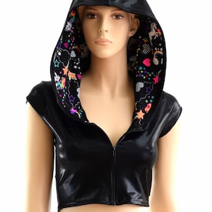 Black Mystique Metallic Cap Sleeve Crop Hoodie with Neon Unicorn and Rainbow Print Hood Liner & Front Zipper -152807