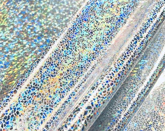 Silver on White Shattered Glass Holographic Four Way Stretch Fabric (By the Yard)