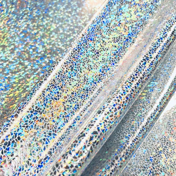 Silver on White Shattered Glass Holographic Four Way Stretch Fabric (By the Yard)