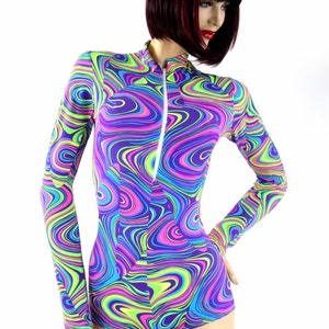 May include: A long-sleeved bodysuit with a psychedelic swirl pattern in shades of blue, green, pink, and purple. The bodysuit has a white zipper down the front.