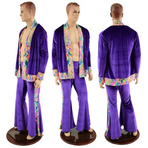 Mens Side Panel Solar Flares and Not-A-Cardigan Set in Purple Velvet with Neon Flux Trim 157506