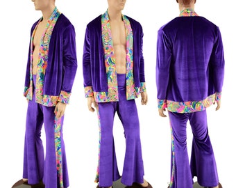 Mens Side Panel Solar Flares and Not-A-Cardigan Set in Purple Velvet with Neon Flux Trim 157506