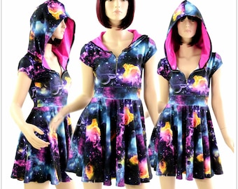 UV Glow Galaxy Print Cap Sleeve Zipper Front Skater Dress with Neon Pink Hood Lining 154399
