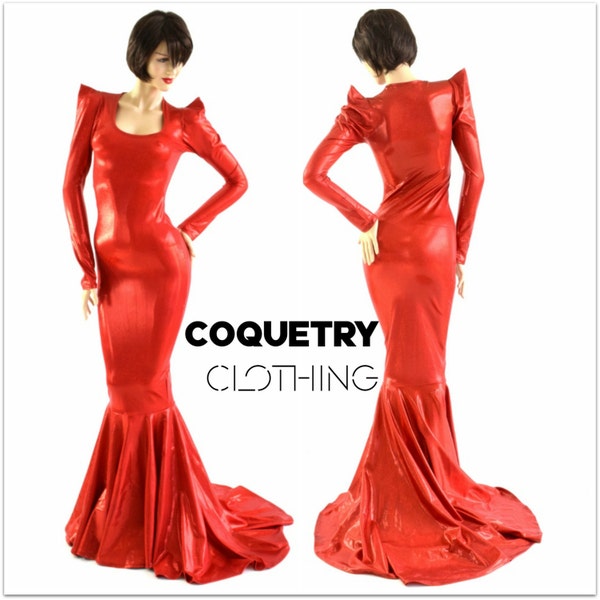Red Sparkly Jewel Sharp Shoulder Gown  with Scoop Neckline, Long Sleeves and Puddle Train   153920