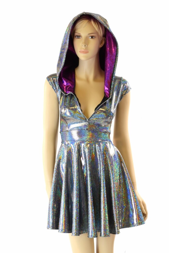 Silver Holographic Hoodie Skater Dress With Cap Sleeves - Etsy
