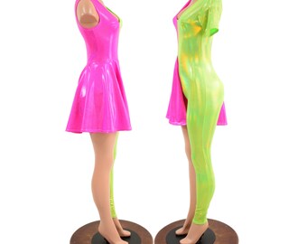 Scoop Neck Bodysuit / Wearer's Left Neon Lime w/T Sleeve, long leg / Wearer's Right Pink Sparkly Jewel Sleeveless siren cut w/skirt