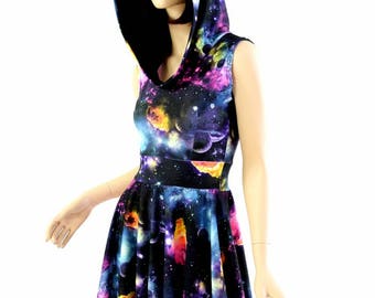 Pocket Hoodie Skater Dress in UV Glow Galaxy Print w/Black Zen Hood Liner Spandex Clubwear Festival Rave 154479