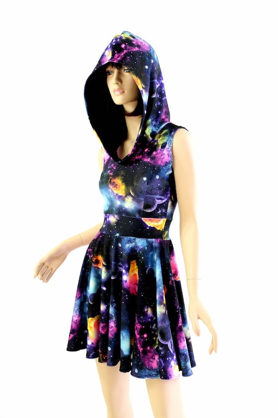 Pocket Hoodie Skater Dress in UV Glow Galaxy Print W/black Zen 