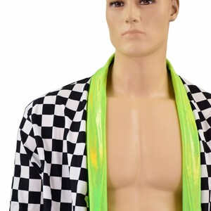 Men's Black & White Checkered Not a Cardigan with Pockets and Lime Holographic Trim and Cuffs 156885 image 6