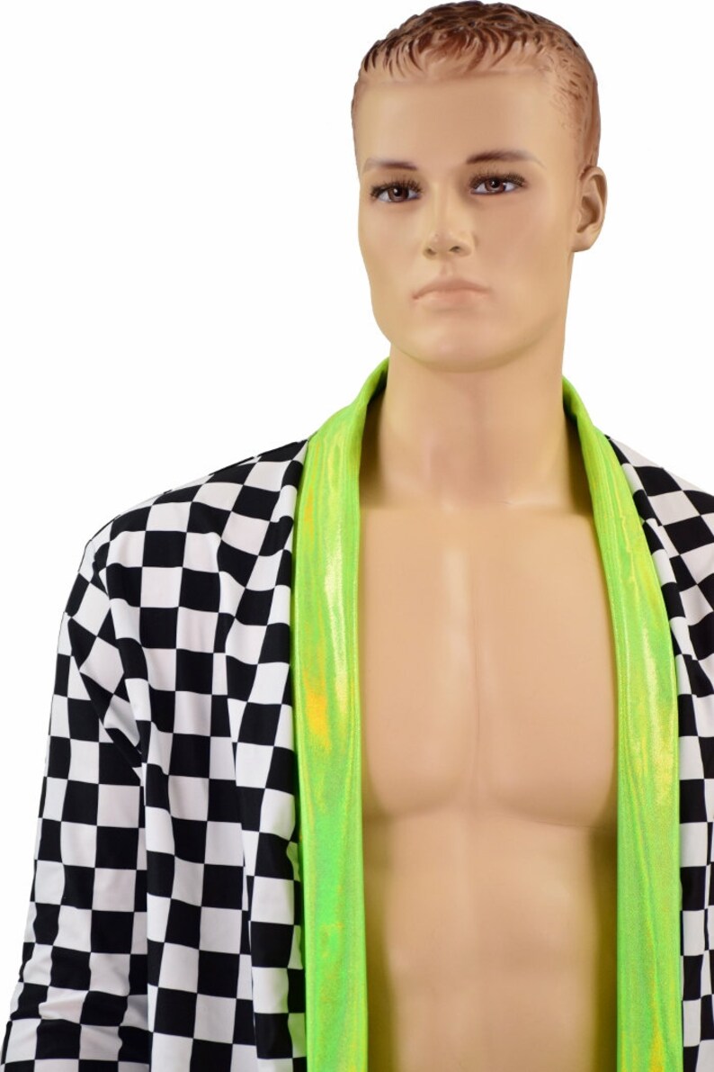 Men's Black & White Checkered Not a Cardigan with Pockets and Lime Holographic Trim and Cuffs 156885 image 6
