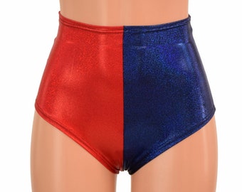 Harlequin High Waist Siren Shorts in Red Sparkly Jewel & Blue Sparkly Jewel -