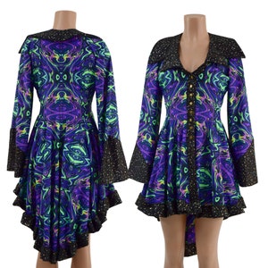 May include: A purple and green patterned dress with a high collar and long sleeves. The dress has a black trim and a high-low hemline.