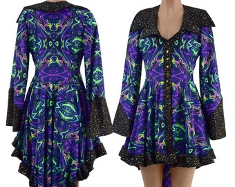 Neon Melt Pirate Coat with Star Noir Trim. Bell Sleeves and Showtime Collar.  Front Snaps from collar to waist.