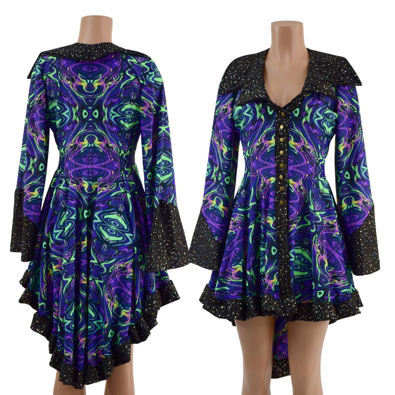 May include: A purple and green patterned dress with a high collar and long sleeves. The dress has a black trim and a high-low hemline.