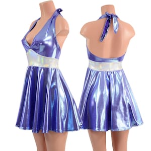 Lavender Ice Metallic Skater Dress with Tie Back Halter Neckline - Waistband in Flashbulb Holographic 85849