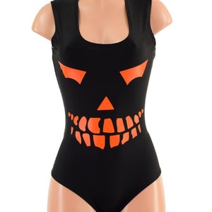 May include: Black sleeveless bodysuit with an orange jack-o'-lantern face graphic.