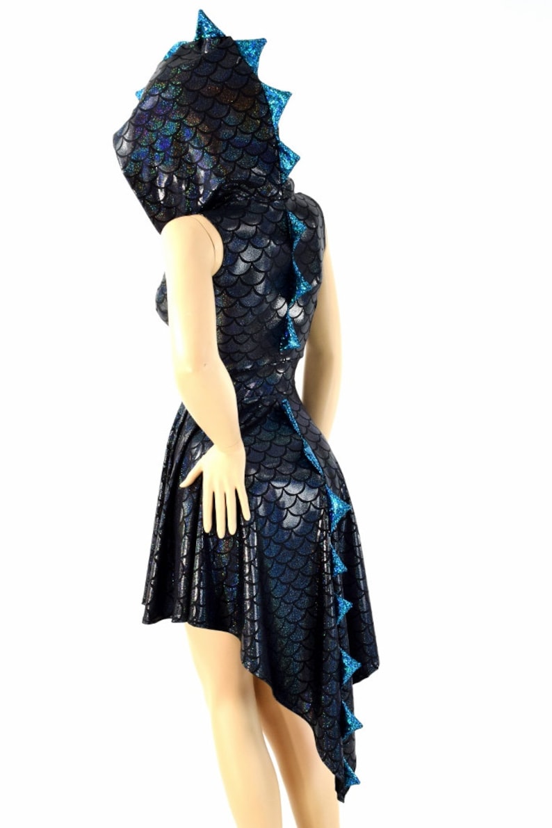 Black Dragon Scale Sleeveless Zipper Hoodie Skater Dress with Dragon Tail Hemline, Turquoise/Black Shattered Glass Spikes & HoodLiner 154198 image 2