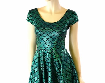 Mermaid Cap Sleeve Skater Dress in Green Dragon Scale