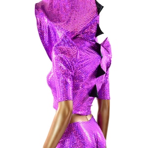 Purple Scale Sharp Shoulder Crop Hoodie & Cheeky Set with Black Dragon Spikes and Galaxy Hood Lining   151380