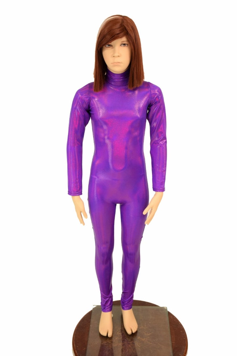Kids Grape Purple Holographic Turtleneck Long Sleeve Back Zipper Catsuit Shimmery Metallic Sizes 2T 3T 4T and 5-12 155973