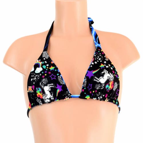 Reversible Triangle Slide Bikini Top in Blue Lightning & Unicorns and Rainbows w/Blue Lightning Straps 154676