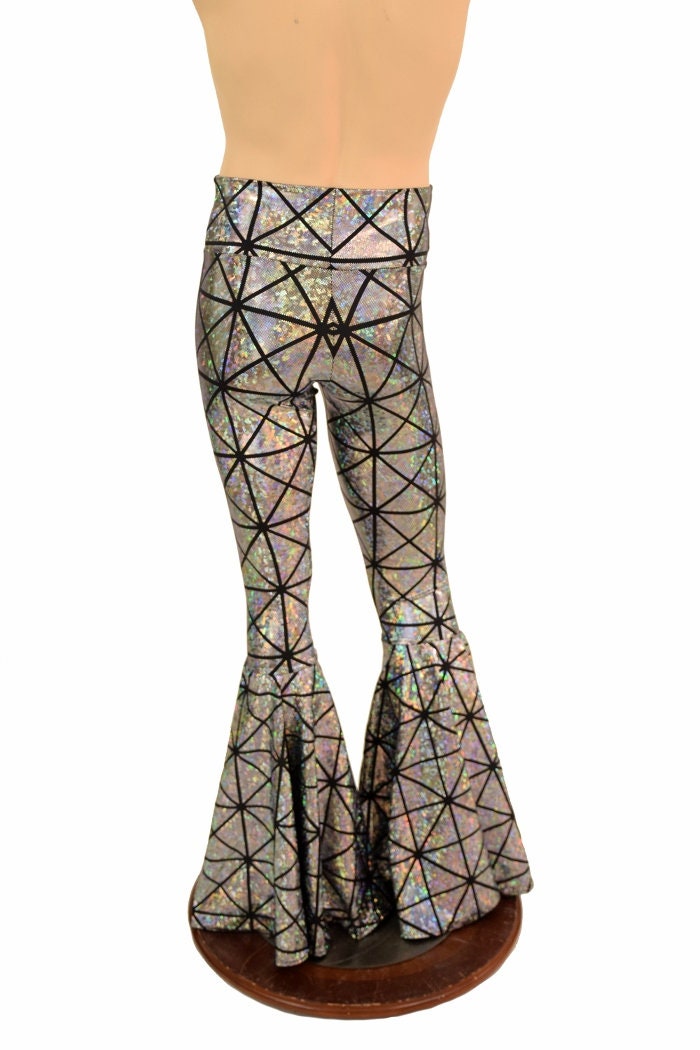 Mens Bell Bottom Flared Leggings in Silver on Black Cracked