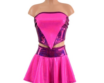 2PC Flora Set with 12" Tube Top and Circle Cut Skirt in Neon Pink and Fuchsia Sparkly Spandex EMK