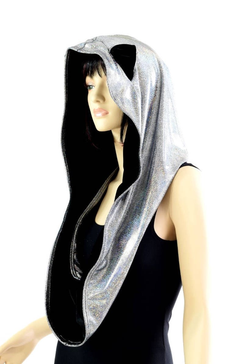 Reversible Silver Holographic Festival Hood with Black Velvet Hood Lining and Cat Ears Infinity Rave Hood 154418 image 4