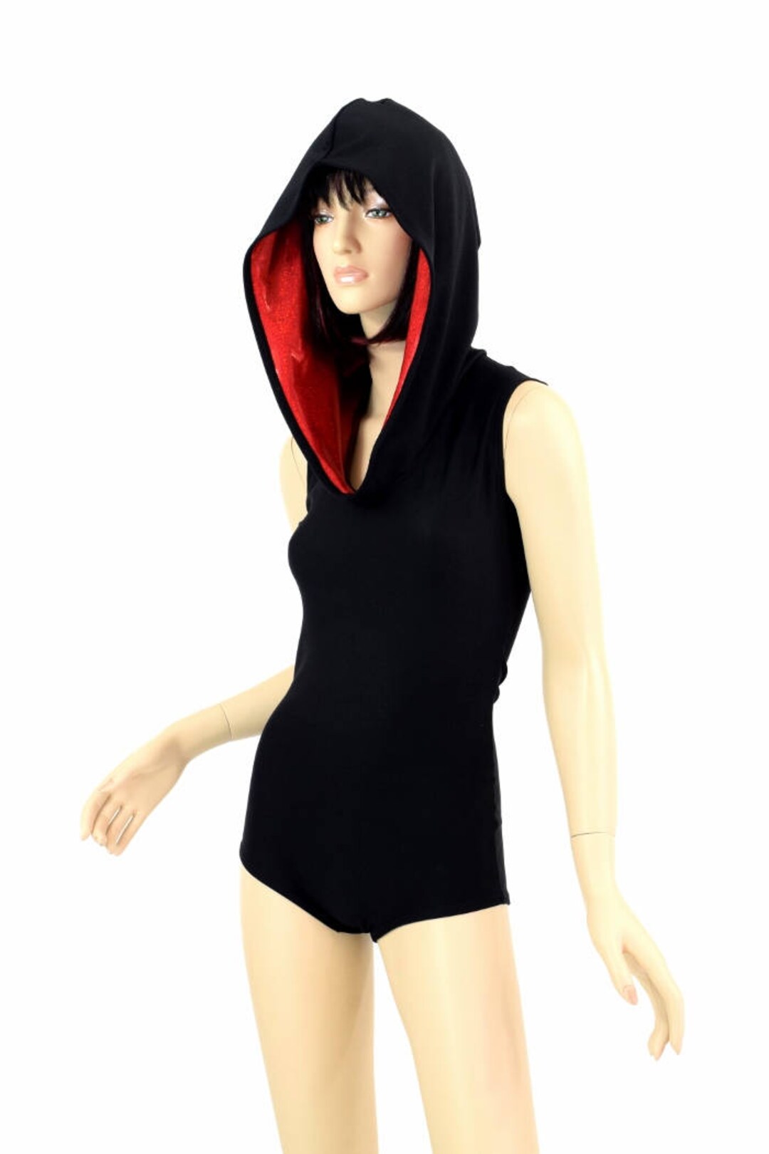 Black Zen Sleeveless Hoodie Romper With Red Sparkly Jewel Black Zen Sleeveless Hoodie Romper With Red Sparkly Jewel