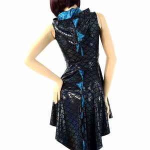 Black Dragon Scale Sleeveless Zipper Hoodie Skater Dress with Dragon Tail Hemline, Turquoise/Black Shattered Glass Spikes & HoodLiner 154198 image 5