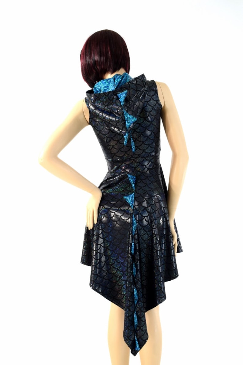 Black Dragon Scale Sleeveless Zipper Hoodie Skater Dress with Dragon Tail Hemline, Turquoise/Black Shattered Glass Spikes & HoodLiner 154198 image 5