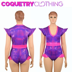 Grape Holographic Flip Sleeve &quot;Siren&quot; cut Romper // V Neck, Flip sleeve liner, side panels, waist panel, & leg ruffles in Pink Holo - 156775