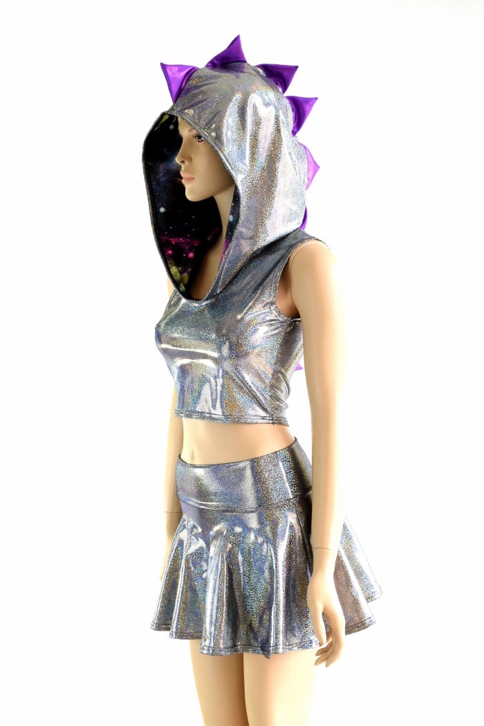 Sleeveless Silver Holographic Crop Hoodie & 12" Mini Skirt Set With Uv Glow Galaxy Hood Liner & Grape Spikes