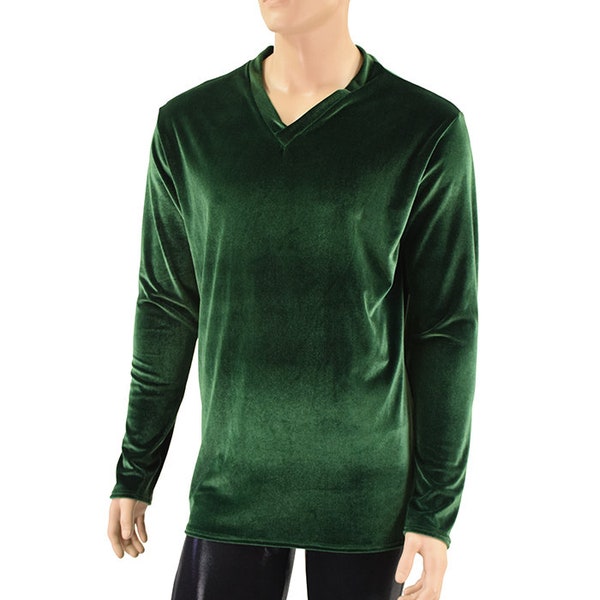 Mens Forest Green Velvet Long Sleeve V Neck Shirt - 156859