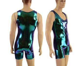 Mens Scarab Holographic Singlet Cut Sleeveless Romper   -