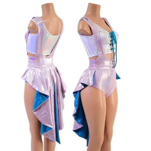 3PC Suspender Romper & Tux Back Belt in Lilac Holo with Peacock Side Panels/liner + Flashbulb Lace Up Mini Crop Tank. Tie in Peacock 1579199