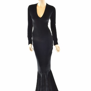 Black Velvet Morticia V-Neck Gown with Long Sleeves and Puddle Train 151555 image 1