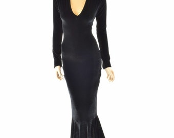 Black Velvet Morticia V-Neck Gown with Long Sleeves and Puddle Train 151555